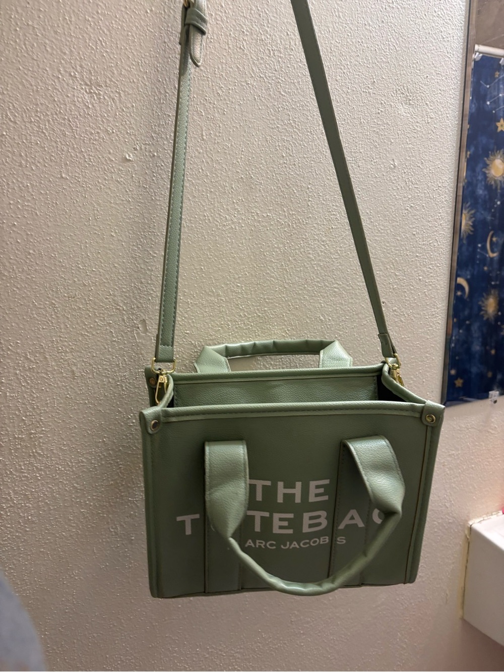 Sage green tote bag with top handles and an adjustable shoulder strap - Picture 2 of 10